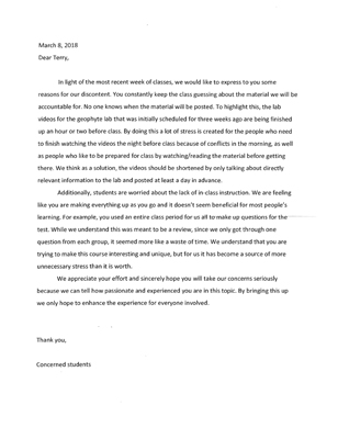 Letter from concerned students regarding the 2018 course.