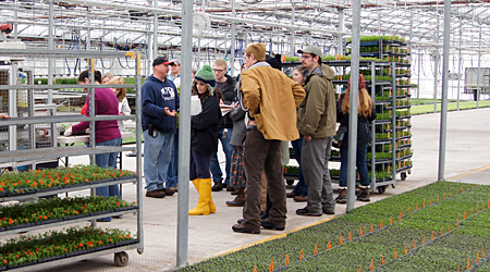 Students in the 2010 Plant Propagation class learn about the importance of post-propagation care in the production of bedding plants at Dickman Farms.